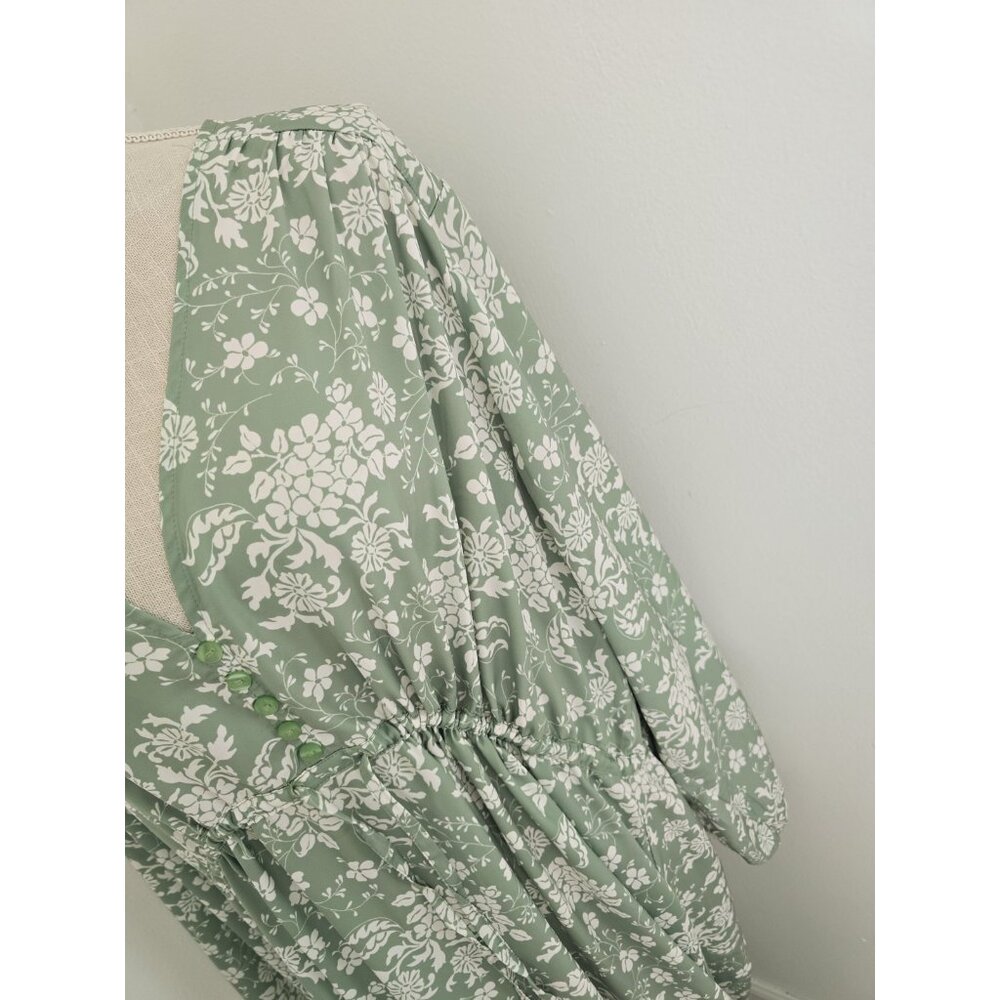 Summersalt Cinched Waist Caftan Dress XL Floral Green Ivy Long Midi V-Neck - Picture 4 of 12
